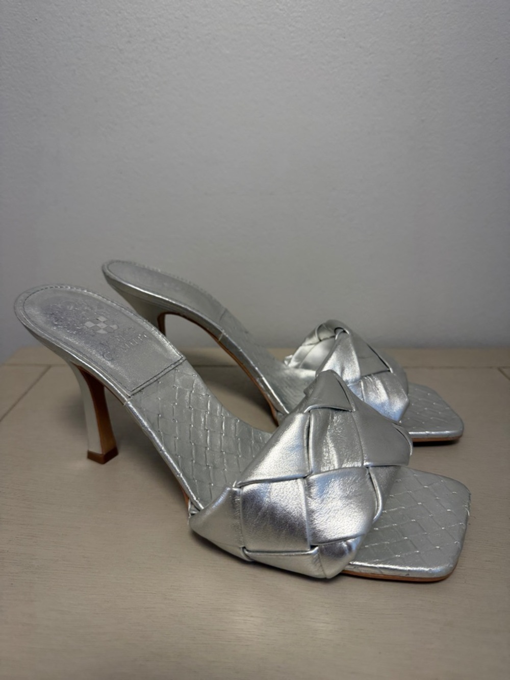 Vince Camuto Brelanie Silver Woven Braided Mule Heels Square Toe - Size 8